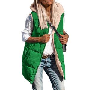 imagePRETTYGARDEN Womens 2026 Fall Reversible Long Vests Sleeveless Fleece Jacket Zip Up Hoodie Pockets Warm Coat Winter ClothingGreen