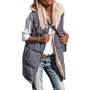 imagePRETTYGARDEN Womens 2026 Fall Reversible Long Vests Sleeveless Fleece Jacket Zip Up Hoodie Pockets Warm Coat Winter ClothingGrey Blue