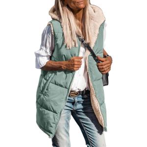 imagePRETTYGARDEN Womens 2026 Fall Reversible Long Vests Sleeveless Fleece Jacket Zip Up Hoodie Pockets Warm Coat Winter ClothingGrey Green
