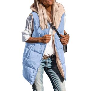 imagePRETTYGARDEN Womens 2026 Fall Reversible Long Vests Sleeveless Fleece Jacket Zip Up Hoodie Pockets Warm Coat Winter ClothingLight Blue