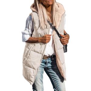 imagePRETTYGARDEN Womens 2026 Fall Reversible Long Vests Sleeveless Fleece Jacket Zip Up Hoodie Pockets Warm Coat Winter ClothingLight Khaki