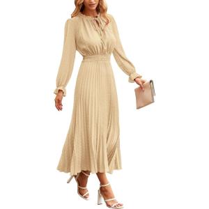 imagePRETTYGARDEN Womens 2026 Spring Fall Midi Dress Casual Long Sleeve V Neck Swiss Dot Pleated A Line Flowy DressesApricot