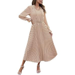 imagePRETTYGARDEN Womens 2026 Spring Fall Midi Dress Casual Long Sleeve V Neck Swiss Dot Pleated A Line Flowy DressesApricot Brown Floral