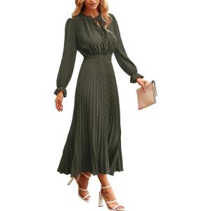 imagePRETTYGARDEN Womens 2026 Spring Fall Midi Dress Casual Long Sleeve V Neck Swiss Dot Pleated A Line Flowy DressesArmy Green