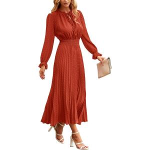 imagePRETTYGARDEN Womens 2026 Spring Fall Midi Dress Casual Long Sleeve V Neck Swiss Dot Pleated A Line Flowy DressesBrick Red