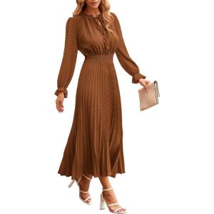 imagePRETTYGARDEN Womens 2026 Spring Fall Midi Dress Casual Long Sleeve V Neck Swiss Dot Pleated A Line Flowy DressesBrown