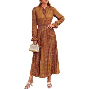 imagePRETTYGARDEN Womens 2026 Spring Fall Midi Dress Casual Long Sleeve V Neck Swiss Dot Pleated A Line Flowy DressesBrown Blue Floral