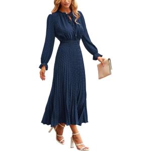 imagePRETTYGARDEN Womens 2026 Spring Fall Midi Dress Casual Long Sleeve V Neck Swiss Dot Pleated A Line Flowy DressesDark Blue