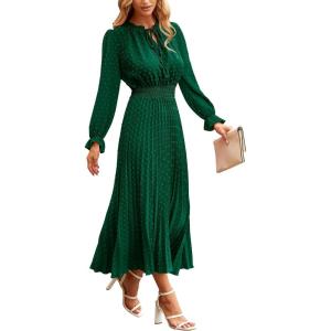 imagePRETTYGARDEN Womens 2026 Spring Fall Midi Dress Casual Long Sleeve V Neck Swiss Dot Pleated A Line Flowy DressesDark Green