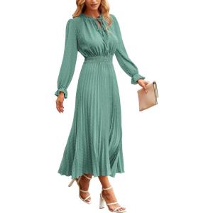 imagePRETTYGARDEN Womens 2026 Spring Fall Midi Dress Casual Long Sleeve V Neck Swiss Dot Pleated A Line Flowy DressesGreen