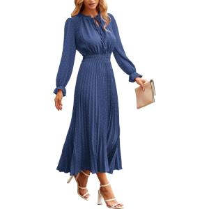 imagePRETTYGARDEN Womens 2026 Spring Fall Midi Dress Casual Long Sleeve V Neck Swiss Dot Pleated A Line Flowy DressesGrey Blue