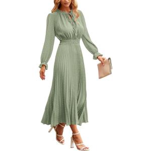 imagePRETTYGARDEN Womens 2026 Spring Fall Midi Dress Casual Long Sleeve V Neck Swiss Dot Pleated A Line Flowy DressesLight Green