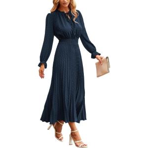 imagePRETTYGARDEN Womens 2026 Spring Fall Midi Dress Casual Long Sleeve V Neck Swiss Dot Pleated A Line Flowy DressesNavy