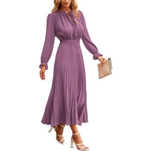 imagePRETTYGARDEN Womens 2026 Spring Fall Midi Dress Casual Long Sleeve V Neck Swiss Dot Pleated A Line Flowy DressesPurple