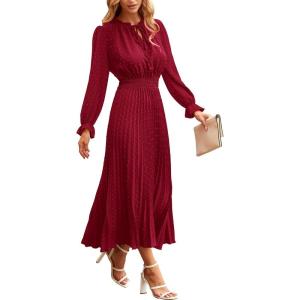 imagePRETTYGARDEN Womens 2026 Spring Fall Midi Dress Casual Long Sleeve V Neck Swiss Dot Pleated A Line Flowy DressesWine Red