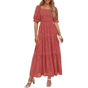 imagePRETTYGARDEN Womens 2026 Summer Casual Midi Dresses Square Neck Short Sleeve Smocked A Line Floral Flowy Elegant Boho DressBean Paste Red