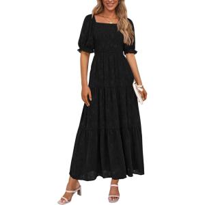 imagePRETTYGARDEN Womens 2026 Summer Casual Midi Dresses Square Neck Short Sleeve Smocked A Line Floral Flowy Elegant Boho DressBlack