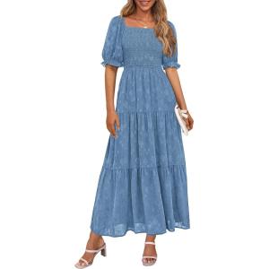 imagePRETTYGARDEN Womens 2026 Summer Casual Midi Dresses Square Neck Short Sleeve Smocked A Line Floral Flowy Elegant Boho DressBlue