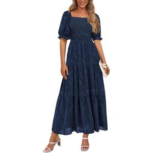 imagePRETTYGARDEN Womens 2026 Summer Casual Midi Dresses Square Neck Short Sleeve Smocked A Line Floral Flowy Elegant Boho DressDark Blue