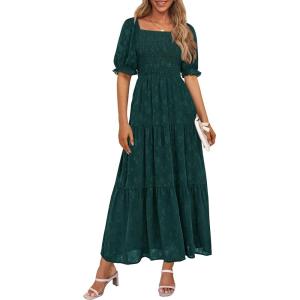 imagePRETTYGARDEN Womens 2026 Summer Casual Midi Dresses Square Neck Short Sleeve Smocked A Line Floral Flowy Elegant Boho DressMalachite Green