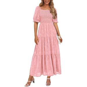 imagePRETTYGARDEN Womens 2026 Summer Casual Midi Dresses Square Neck Short Sleeve Smocked A Line Floral Flowy Elegant Boho DressPink