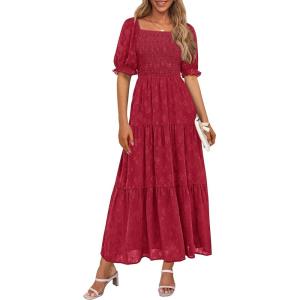 imagePRETTYGARDEN Womens 2026 Summer Casual Midi Dresses Square Neck Short Sleeve Smocked A Line Floral Flowy Elegant Boho DressRed