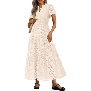 imagePRETTYGARDEN Womens 2026 Summer Maxi Dress Short Sleeve V Neck Hollow Out Eyelet A Line Long Flowy Beach Vacation DressesBeige