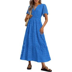 imagePRETTYGARDEN Womens 2026 Summer Maxi Dress Short Sleeve V Neck Hollow Out Eyelet A Line Long Flowy Beach Vacation DressesBlue