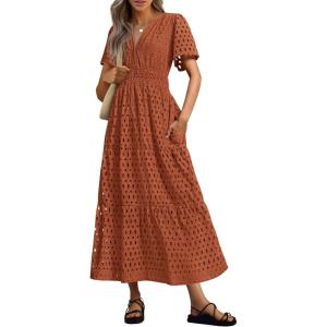 imagePRETTYGARDEN Womens 2026 Summer Maxi Dress Short Sleeve V Neck Hollow Out Eyelet A Line Long Flowy Beach Vacation DressesBrick Red