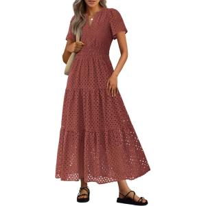 imagePRETTYGARDEN Womens 2026 Summer Maxi Dress Short Sleeve V Neck Hollow Out Eyelet A Line Long Flowy Beach Vacation DressesBrown Red