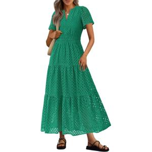 imagePRETTYGARDEN Womens 2026 Summer Maxi Dress Short Sleeve V Neck Hollow Out Eyelet A Line Long Flowy Beach Vacation DressesDark Green