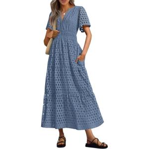 imagePRETTYGARDEN Womens 2026 Summer Maxi Dress Short Sleeve V Neck Hollow Out Eyelet A Line Long Flowy Beach Vacation DressesDusty Blue