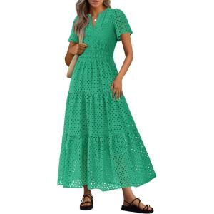 imagePRETTYGARDEN Womens 2026 Summer Maxi Dress Short Sleeve V Neck Hollow Out Eyelet A Line Long Flowy Beach Vacation DressesGreen