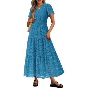 imagePRETTYGARDEN Womens 2026 Summer Maxi Dress Short Sleeve V Neck Hollow Out Eyelet A Line Long Flowy Beach Vacation DressesLake Blue