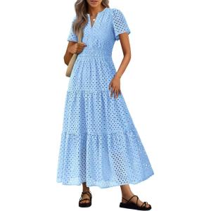 imagePRETTYGARDEN Womens 2026 Summer Maxi Dress Short Sleeve V Neck Hollow Out Eyelet A Line Long Flowy Beach Vacation DressesLight Blue