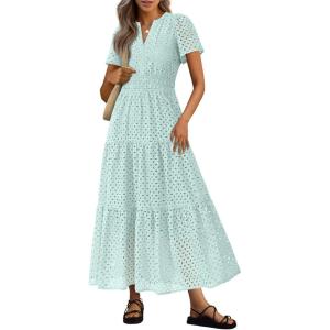 imagePRETTYGARDEN Womens 2026 Summer Maxi Dress Short Sleeve V Neck Hollow Out Eyelet A Line Long Flowy Beach Vacation DressesLight Green
