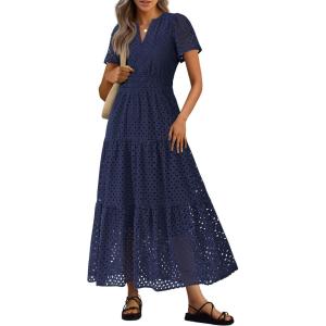 imagePRETTYGARDEN Womens 2026 Summer Maxi Dress Short Sleeve V Neck Hollow Out Eyelet A Line Long Flowy Beach Vacation DressesNavy