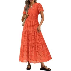 imagePRETTYGARDEN Womens 2026 Summer Maxi Dress Short Sleeve V Neck Hollow Out Eyelet A Line Long Flowy Beach Vacation DressesOrange