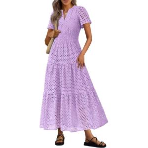 imagePRETTYGARDEN Womens 2026 Summer Maxi Dress Short Sleeve V Neck Hollow Out Eyelet A Line Long Flowy Beach Vacation DressesPurple