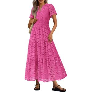 imagePRETTYGARDEN Womens 2026 Summer Maxi Dress Short Sleeve V Neck Hollow Out Eyelet A Line Long Flowy Beach Vacation DressesRose Red
