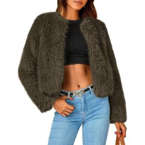 imagePRETTYGARDEN Womens 2026 Winter Coats Fleece Cropped Jacket Faux Fur Long Sleeve Pockets Shaggy Warm Outerwear Fall ClothesArmy Green