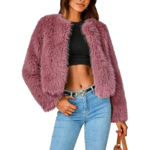 imagePRETTYGARDEN Womens 2026 Winter Coats Fleece Cropped Jacket Faux Fur Long Sleeve Pockets Shaggy Warm Outerwear Fall ClothesBean Paste Red