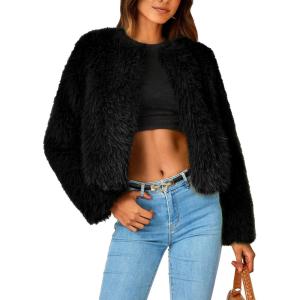 imagePRETTYGARDEN Womens 2026 Winter Coats Fleece Cropped Jacket Faux Fur Long Sleeve Pockets Shaggy Warm Outerwear Fall ClothesBlack