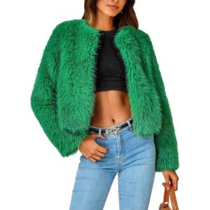imagePRETTYGARDEN Womens 2026 Winter Coats Fleece Cropped Jacket Faux Fur Long Sleeve Pockets Shaggy Warm Outerwear Fall ClothesGreen
