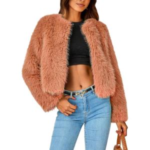 imagePRETTYGARDEN Womens 2026 Winter Coats Fleece Cropped Jacket Faux Fur Long Sleeve Pockets Shaggy Warm Outerwear Fall ClothesOrange