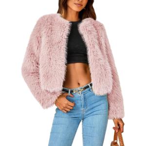imagePRETTYGARDEN Womens 2026 Winter Coats Fleece Cropped Jacket Faux Fur Long Sleeve Pockets Shaggy Warm Outerwear Fall ClothesPink