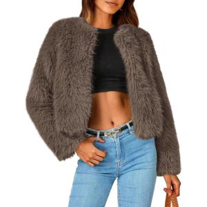 imagePRETTYGARDEN Womens 2026 Winter Coats Fleece Cropped Jacket Faux Fur Long Sleeve Pockets Shaggy Warm Outerwear Fall ClothesTaupe