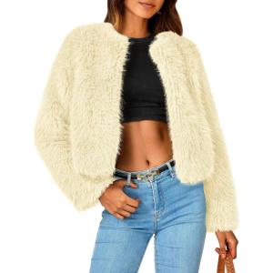 imagePRETTYGARDEN Womens 2026 Winter Coats Fleece Cropped Jacket Faux Fur Long Sleeve Pockets Shaggy Warm Outerwear Fall ClothesYellow