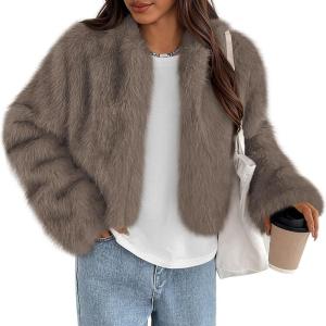 imagePRETTYGARDEN Womens 2026 Winter Coats Fluffy Cropped Faux Fur Jacket Long Sleeve Open Front Shaggy Outerwear Trendy ClothesTaupe