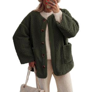 imagePRETTYGARDEN Womens 2026 Winter Coats Long Sleeve Button up Fuzzy Sherpa Fleece Jackets Outerwear Fall Fashion ClothesArmy Green